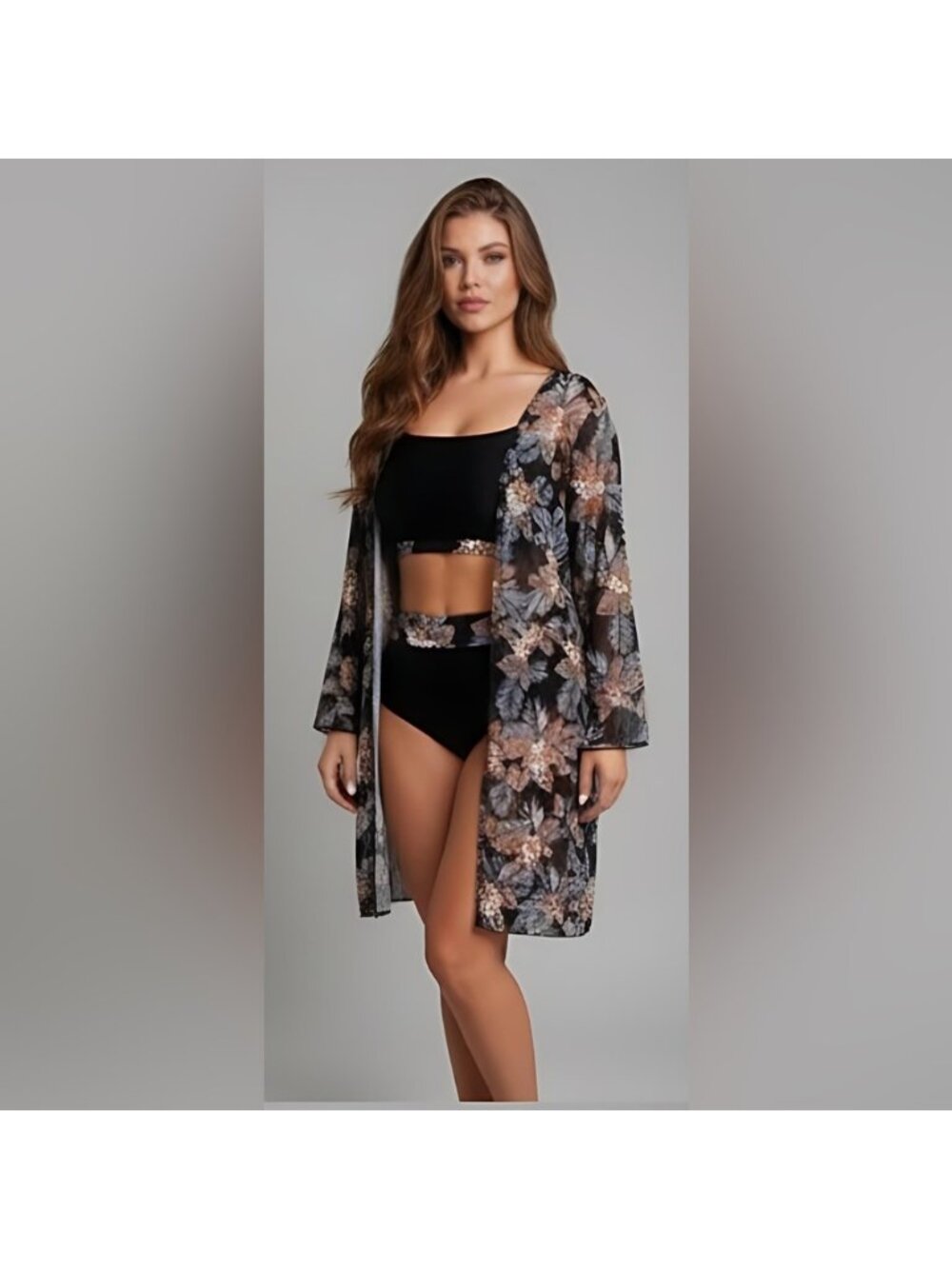 Tropical Print High Waist Bikini Swimsuit & Kimono